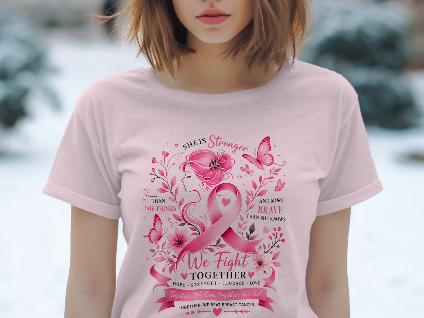Pink t-shirt with breast cancer ribbon, woman silhouette, butterflies, and inspirational text.