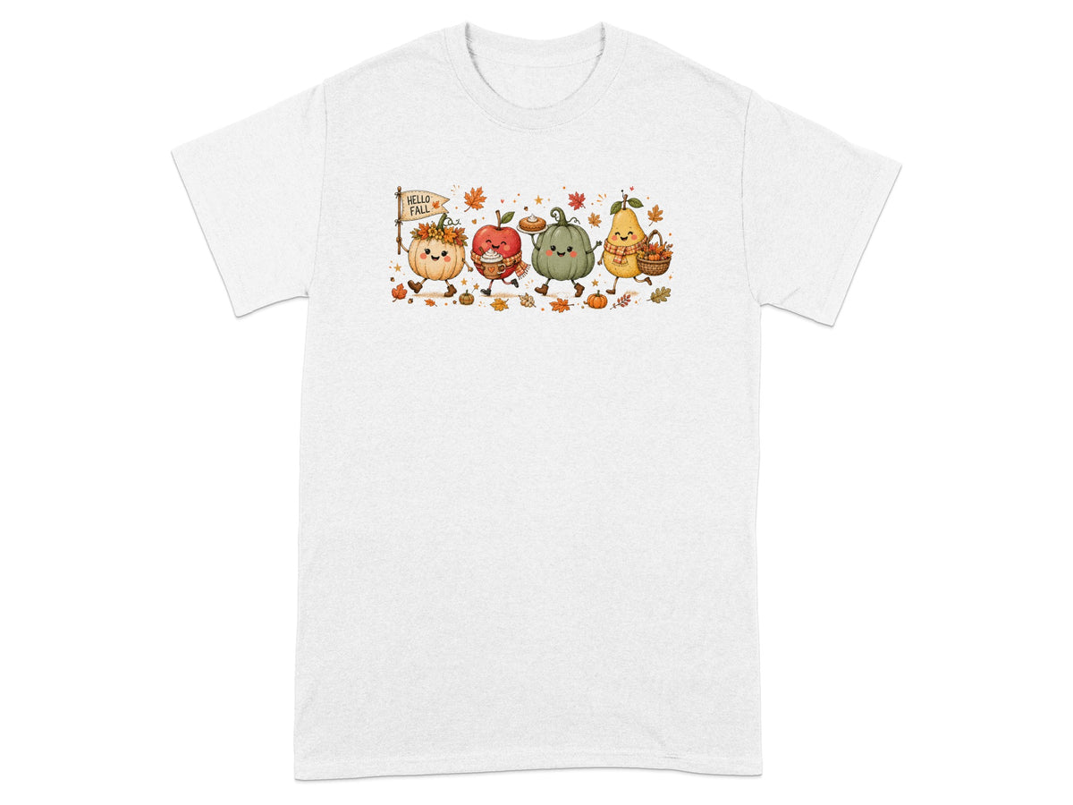 Cute cartoon pumpkins, apple, and pear with "Hello Fall" sign and autumn leaves.