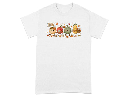 Cute cartoon pumpkins, apple, and pear with "Hello Fall" sign and autumn leaves.