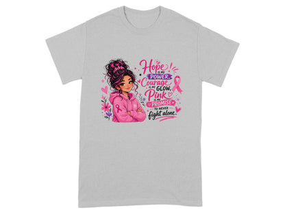 Graphic of a woman in a pink hoodie with text about hope, courage, and promise.