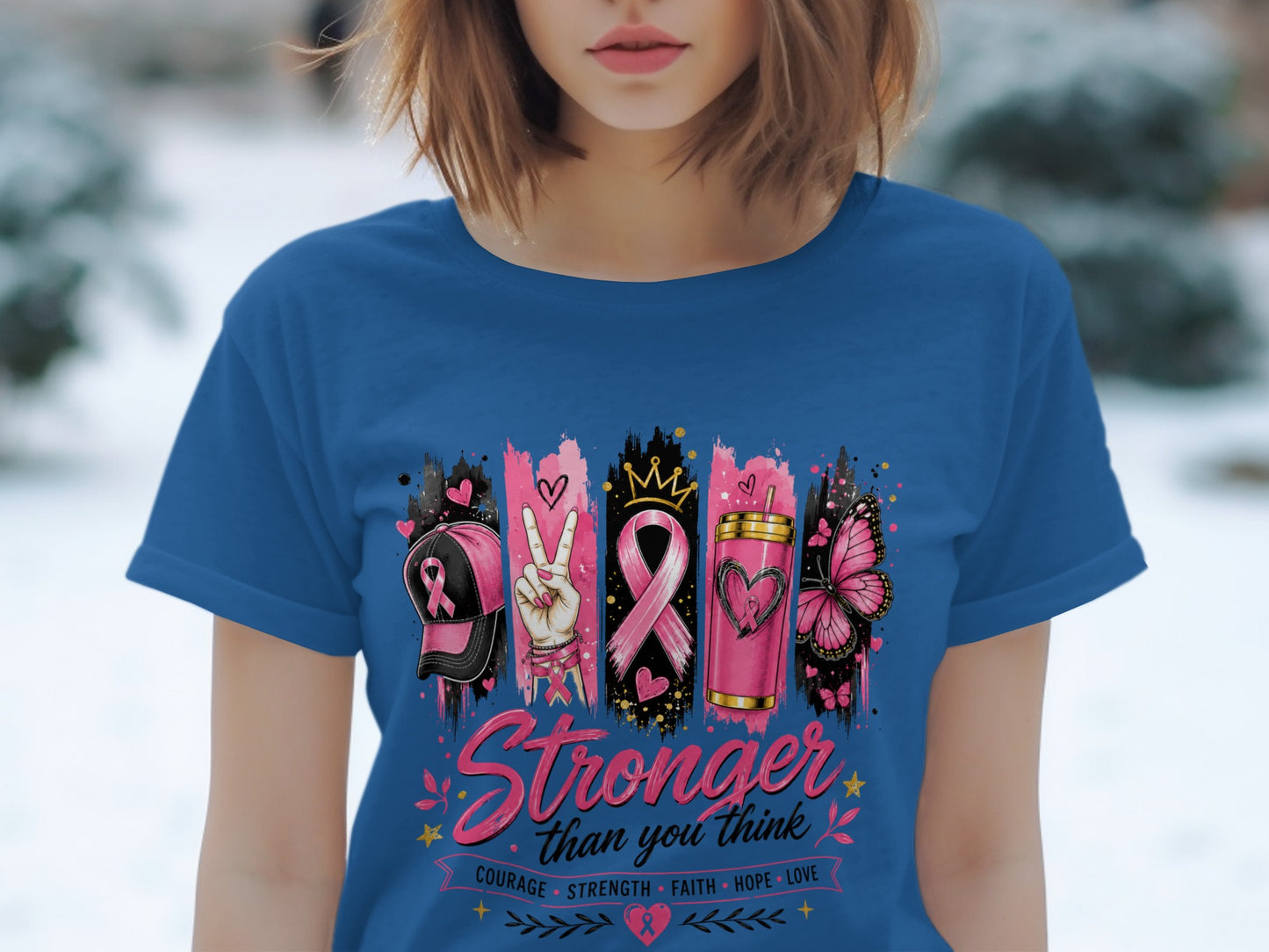 "Stronger than you think" shirt with pink ribbon, cap, peace sign, cup, and butterfly.