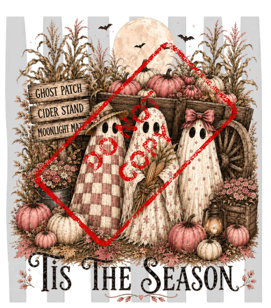 Three cartoon ghosts stand near a wagon filled with pumpkins and corn stalks.