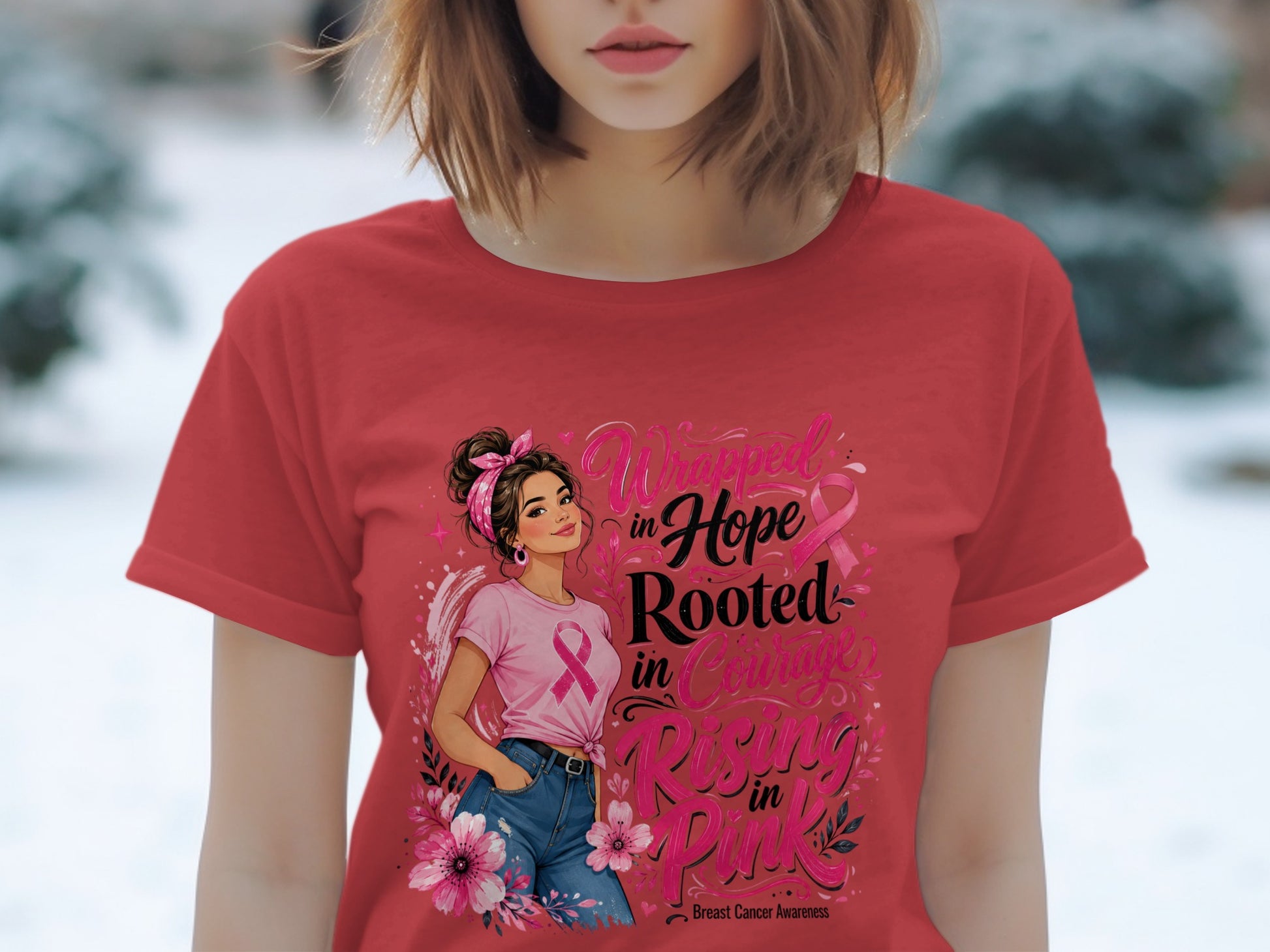 Woman in pink shirt with breast cancer awareness graphic and text "Wrapped in Hope Rooted in Courage Rising in Pink".