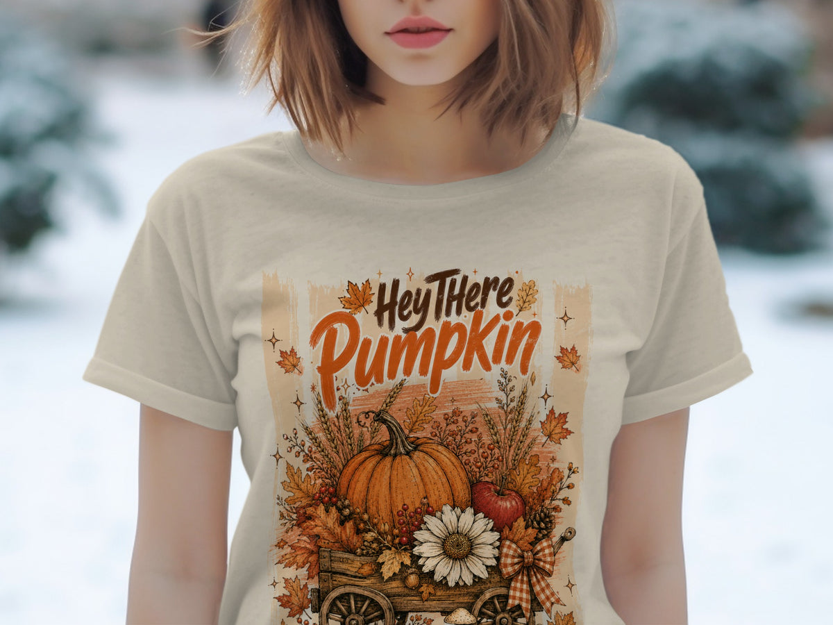Hey There Pumpkin graphic on a tan t-shirt with fall harvest illustration.