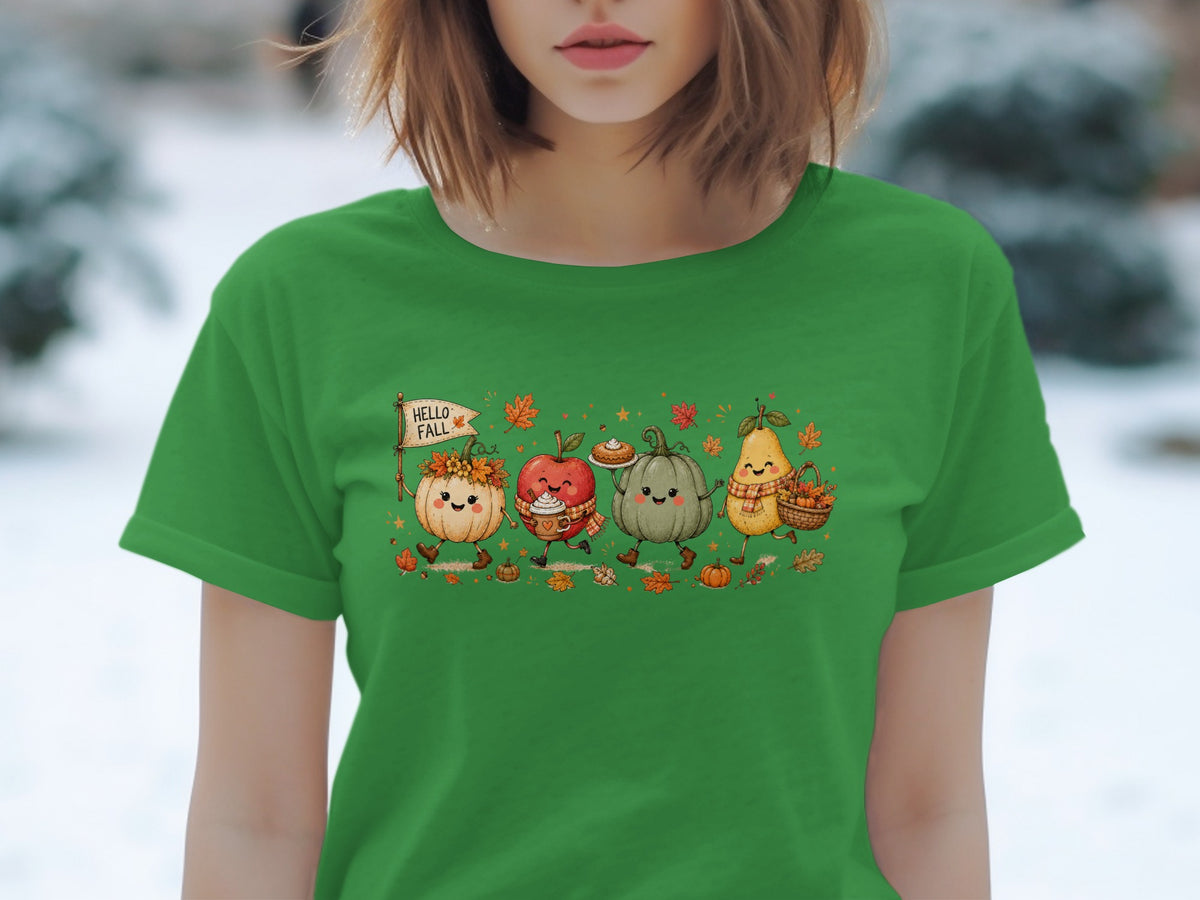 Green t-shirt with cartoon pumpkins, apple, and pear saying "Hello Fall."