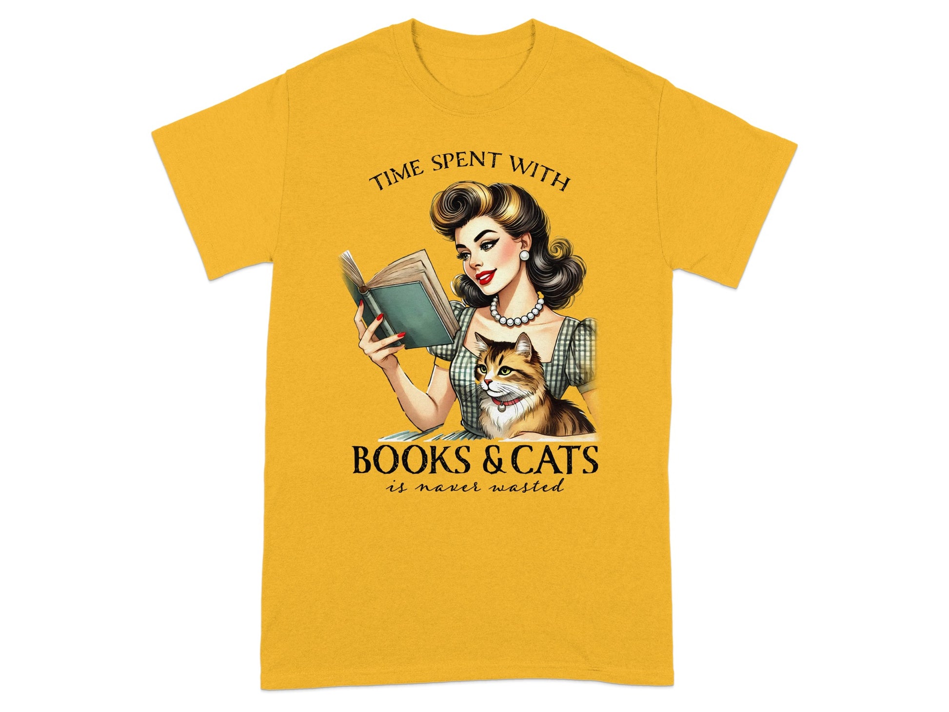 Retro woman reading book with cat, "Time Spent With Books & Cats is Never Wasted" text.
