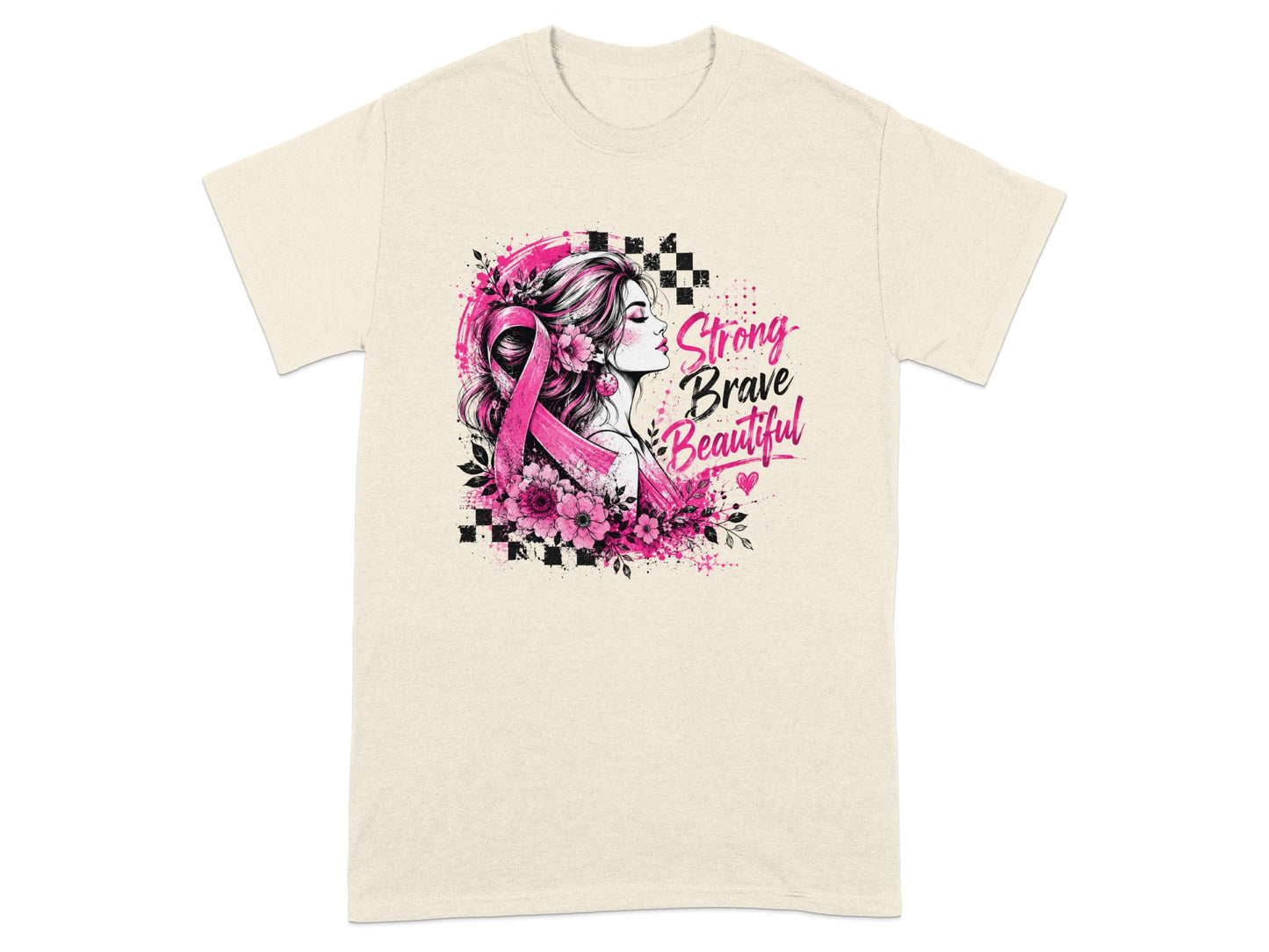 Woman with pink ribbon and flowers, text reads "Strong Brave Beautiful".
