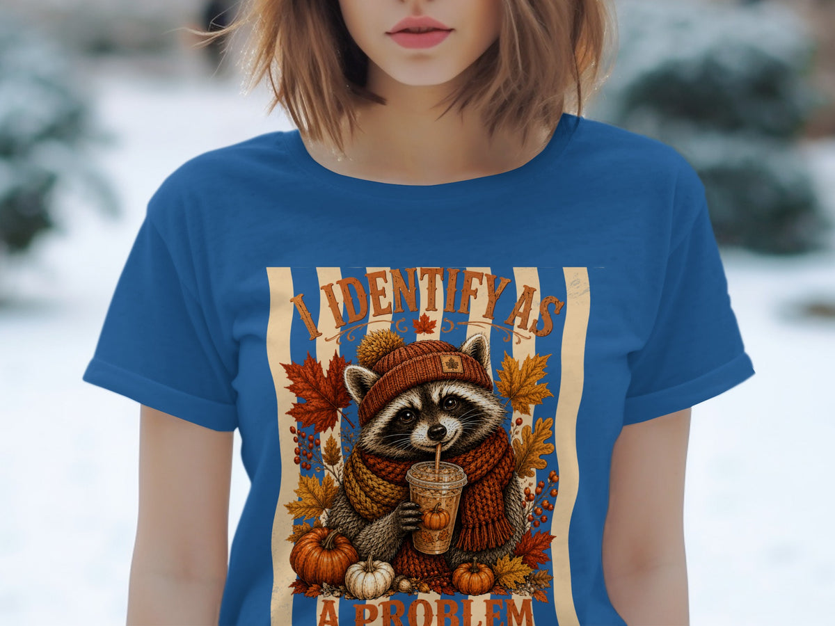 Raccoon in hat and scarf with drink, surrounded by pumpkins and fall leaves.
