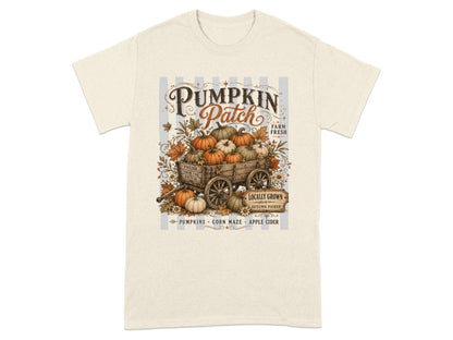 Pumpkin Patch wagon graphic with pumpkins, autumn leaves, and text.
