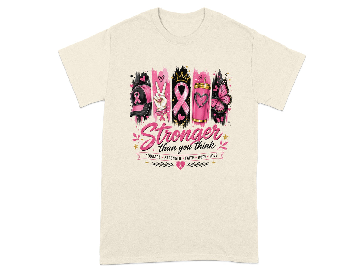 T-shirt graphic with "Stronger than you think" text, breast cancer ribbons, crown, cup, and butterfly.