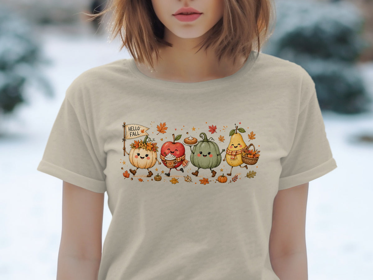 Cute fall characters on a light tan t-shirt with "Hello Fall" flag.