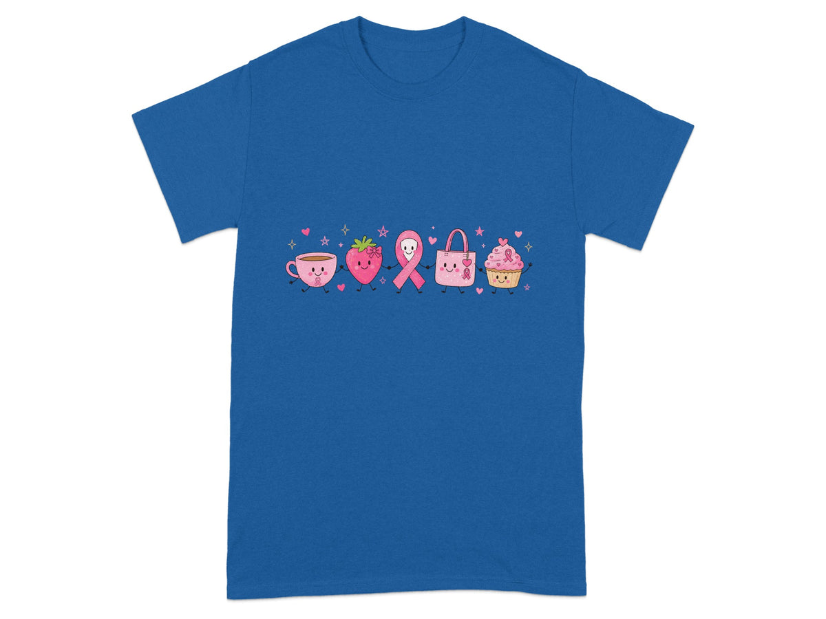 Cartoon strawberry, ribbon, purse, and cupcake with pink ribbons and hearts.