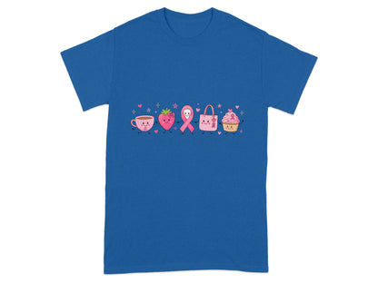 Cartoon strawberry, ribbon, purse, and cupcake with pink ribbons and hearts.