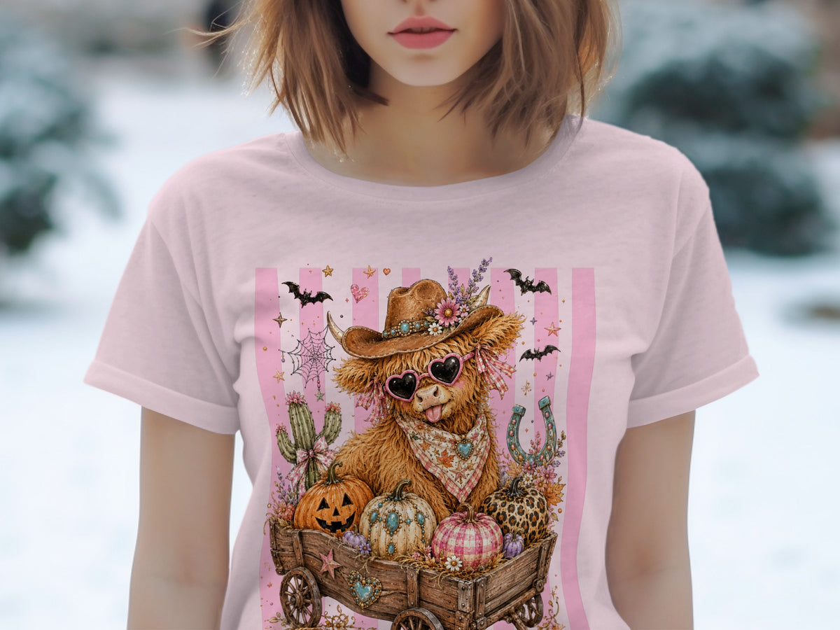 Highland cow with cowboy hat and pink heart sunglasses in a wagon of pumpkins.