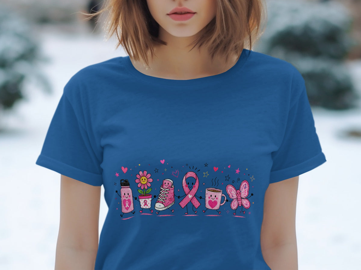 Blue t-shirt with cartoon pink breast cancer awareness ribbon, water bottle, flower, shoe, and butterfly.