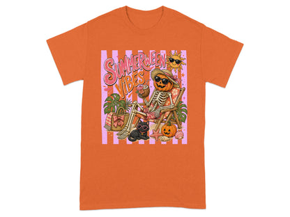 Skeleton pumpkin wearing sunglasses, relaxing with "Summerween Vibes" text.