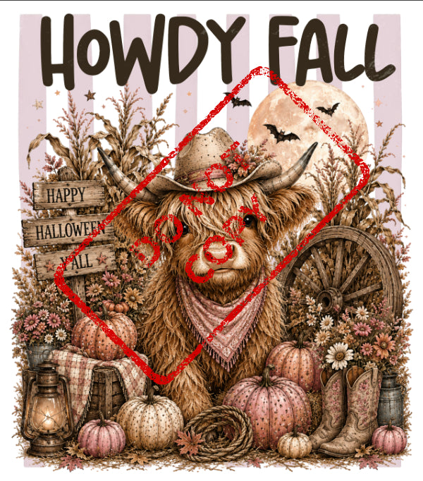 Highland cow in cowboy hat with "Howdy Fall" text and Halloween decor.