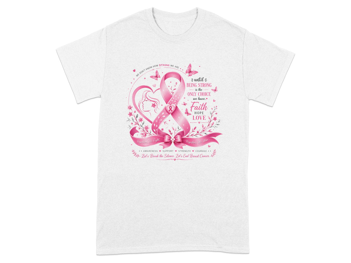 Pink ribbon graphic with motivational text about strength, faith, hope, and love.