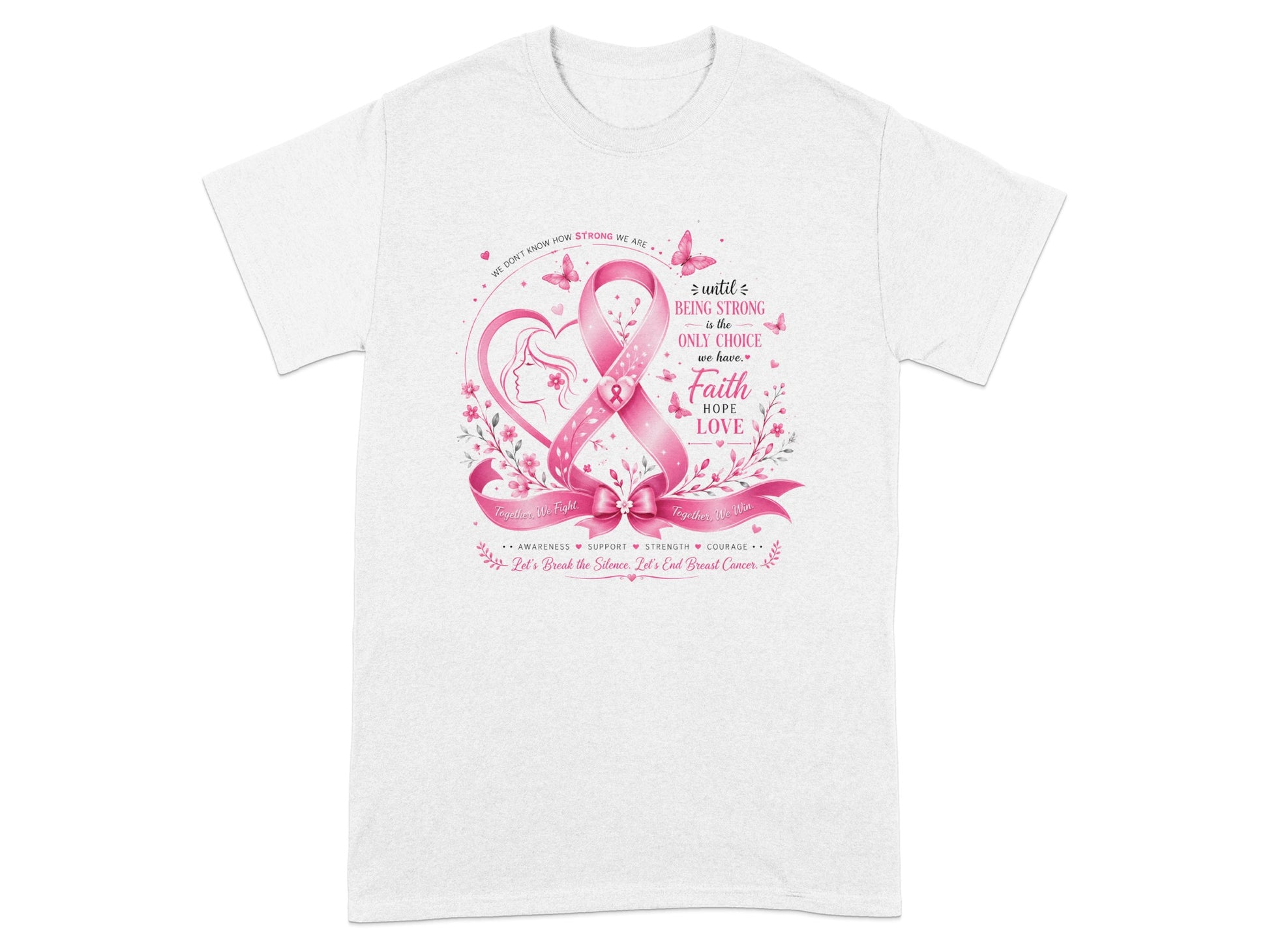 Pink ribbon graphic with motivational text about strength, faith, hope, and love.