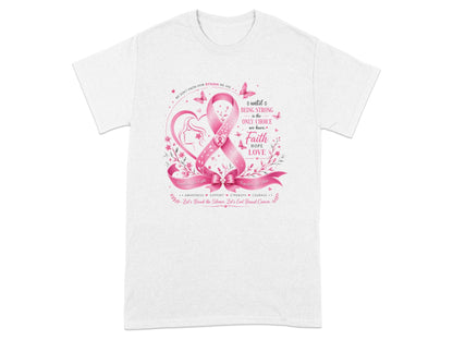 Pink ribbon graphic with motivational text about strength, faith, hope, and love.