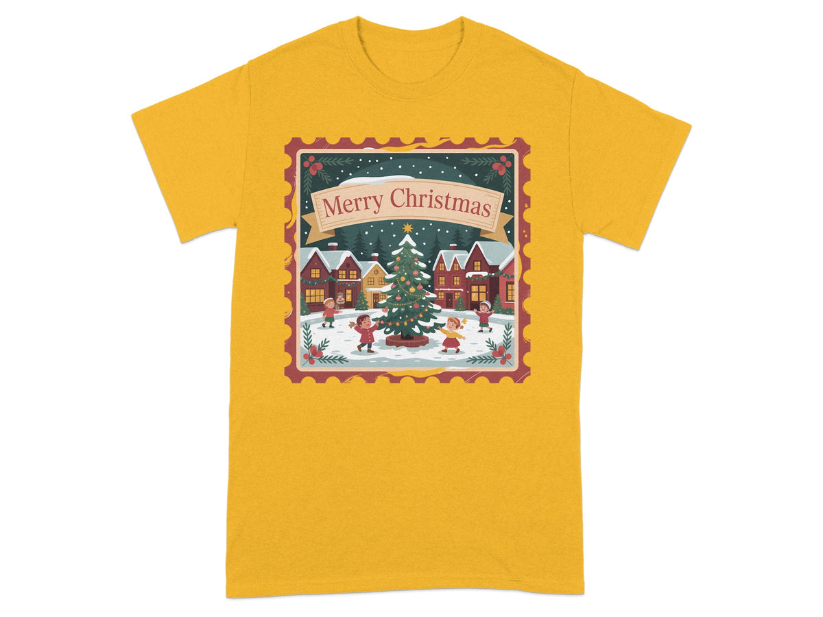 Christmas village scene with children around a tree, "Merry Christmas" banner.