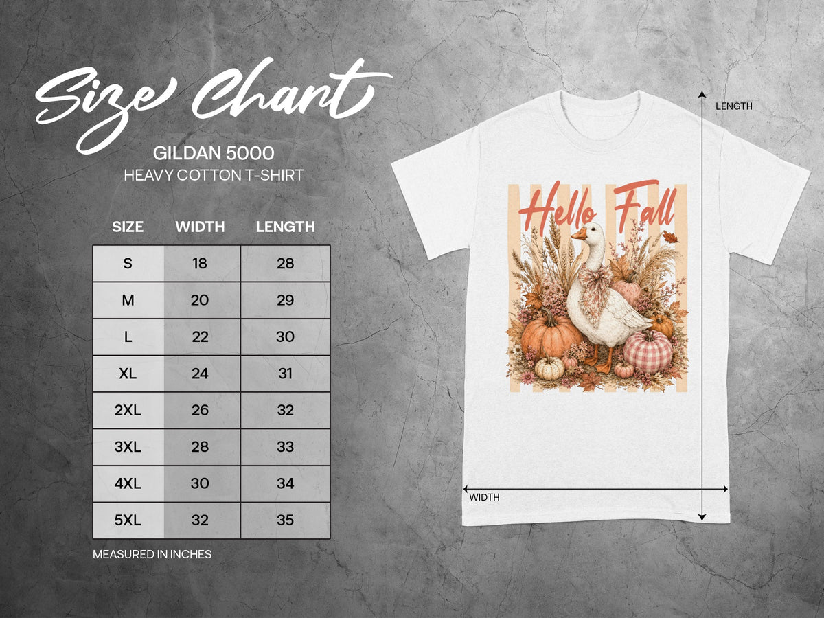 Gildan 5000 size chart with shirt graphic featuring "Hello Fall" and a goose.