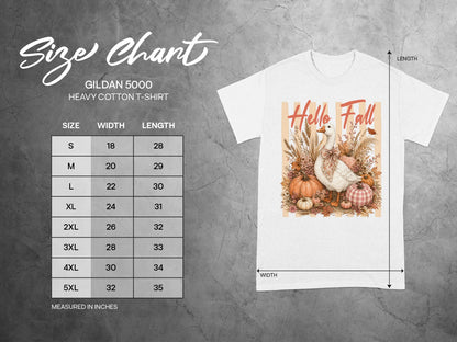 Gildan 5000 size chart with shirt graphic featuring "Hello Fall" and a goose.