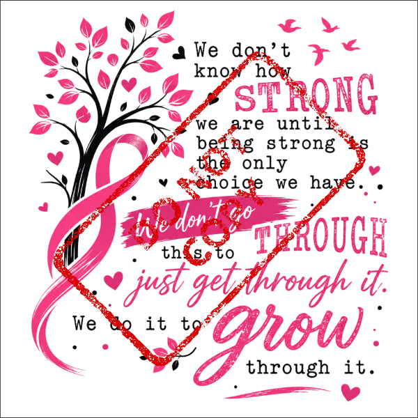 Breast cancer awareness tree with pink ribbon and inspirational quotes.