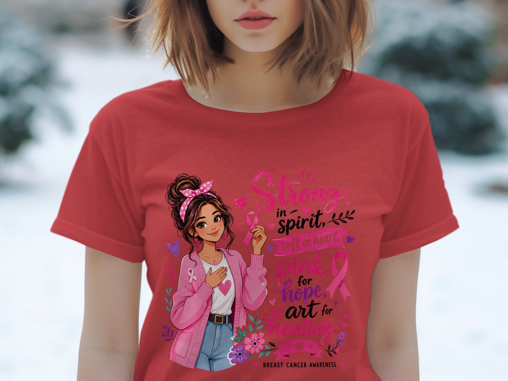 Red t-shirt with illustration of woman and text "Strong in spirit, soft in heart".