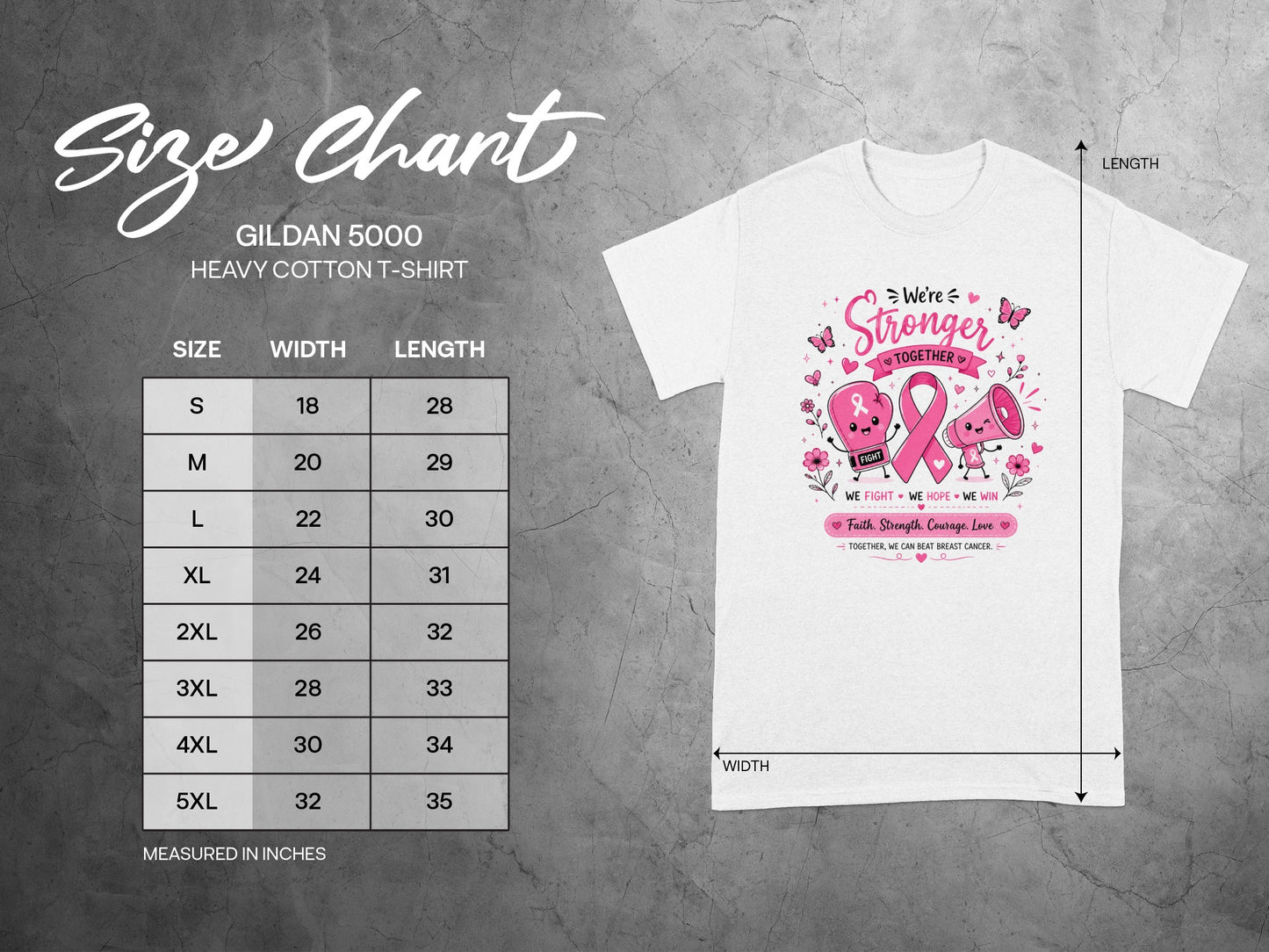 Gildan 5000 size chart for heavy cotton t-shirt with width and length measurements.