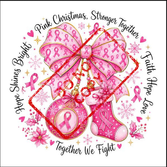 Pink Christmas decorations with breast cancer awareness ribbons and text.