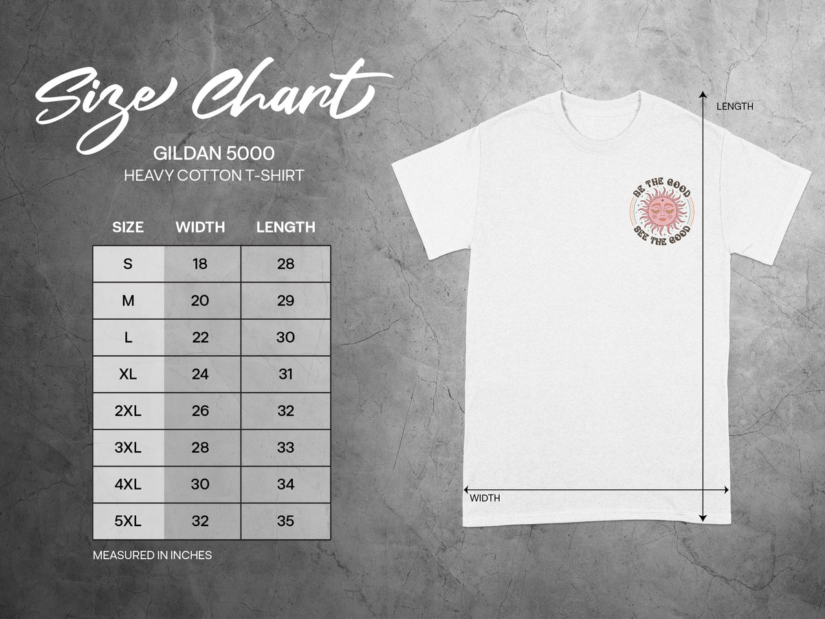 Gildan 5000 Heavy Cotton T-Shirt size chart with measurements in inches.