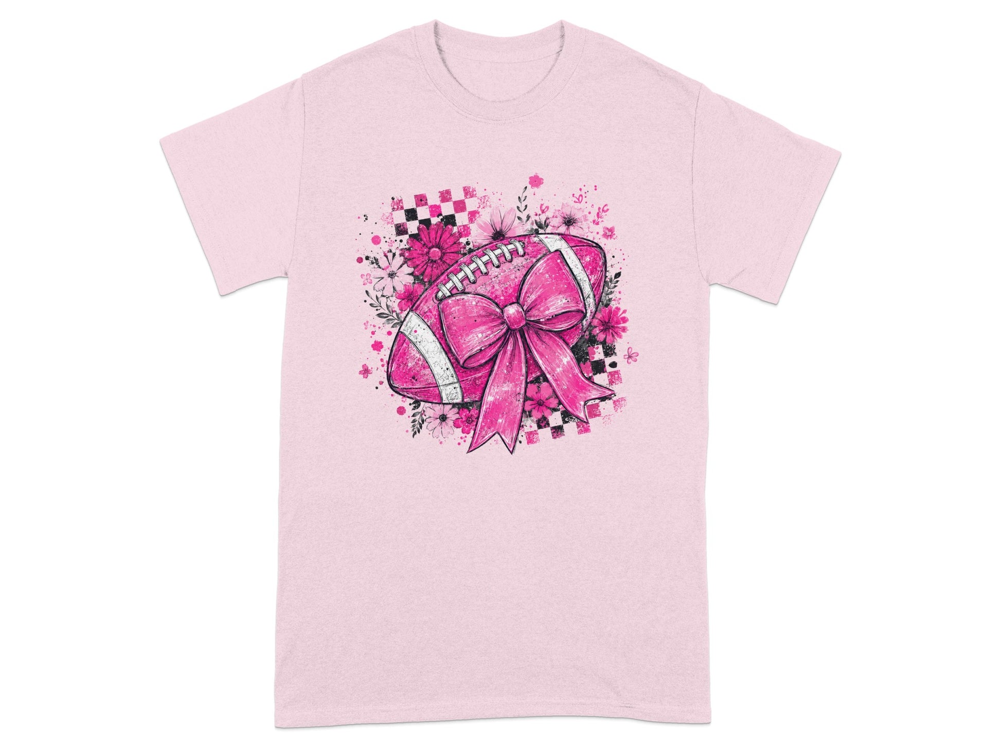 Pink t-shirt with a graphic of a pink football and bow surrounded by flowers.