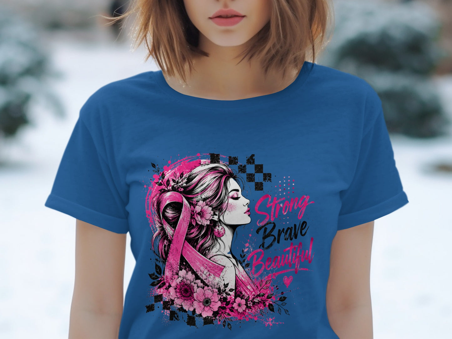 T-shirt with woman, pink ribbon, flowers, and text "Strong Brave Beautiful".