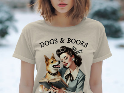 T-shirt with "DOGS & BOOKS" text and illustration of woman reading with dog.