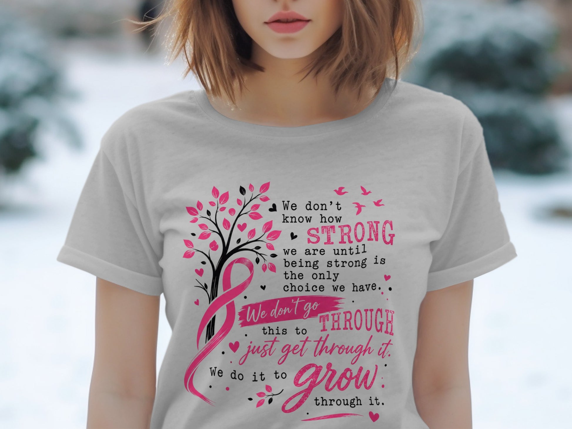 Gray t-shirt with pink breast cancer ribbon, tree, birds, and inspirational text.