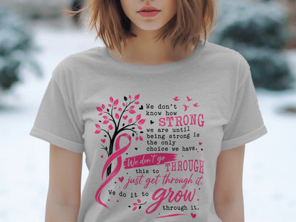 Gray t-shirt with pink breast cancer ribbon, tree, birds, and inspirational text.
