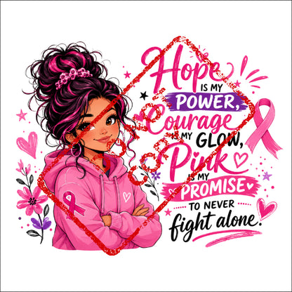 Girl in pink hoodie with "Hope is my power" breast cancer awareness text.