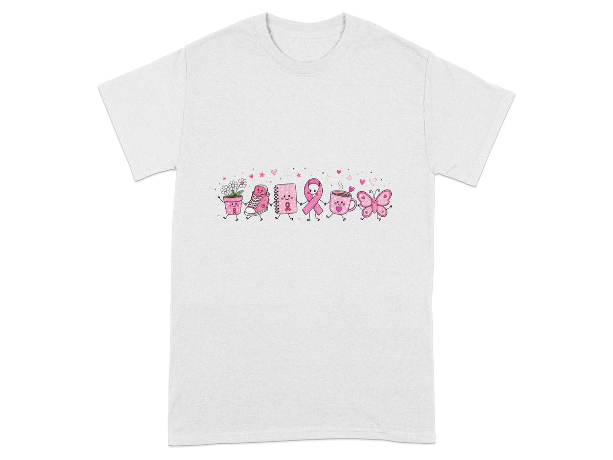 T-shirt with cartoon pink flower pot, shoe, notebook, ribbon, coffee cup, and butterfly.