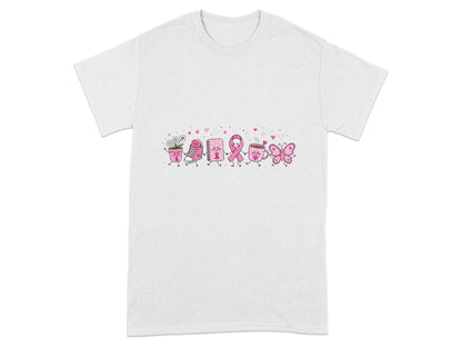 T-shirt with cartoon pink flower pot, shoe, notebook, ribbon, coffee cup, and butterfly.