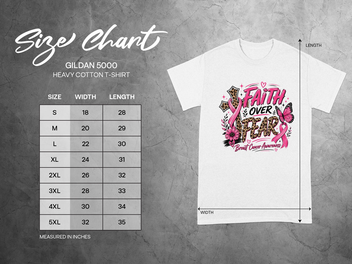 Gildan 5000 Heavy Cotton t-shirt size chart with measurements in inches.