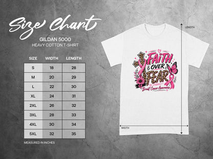 Gildan 5000 Heavy Cotton t-shirt size chart with measurements in inches.