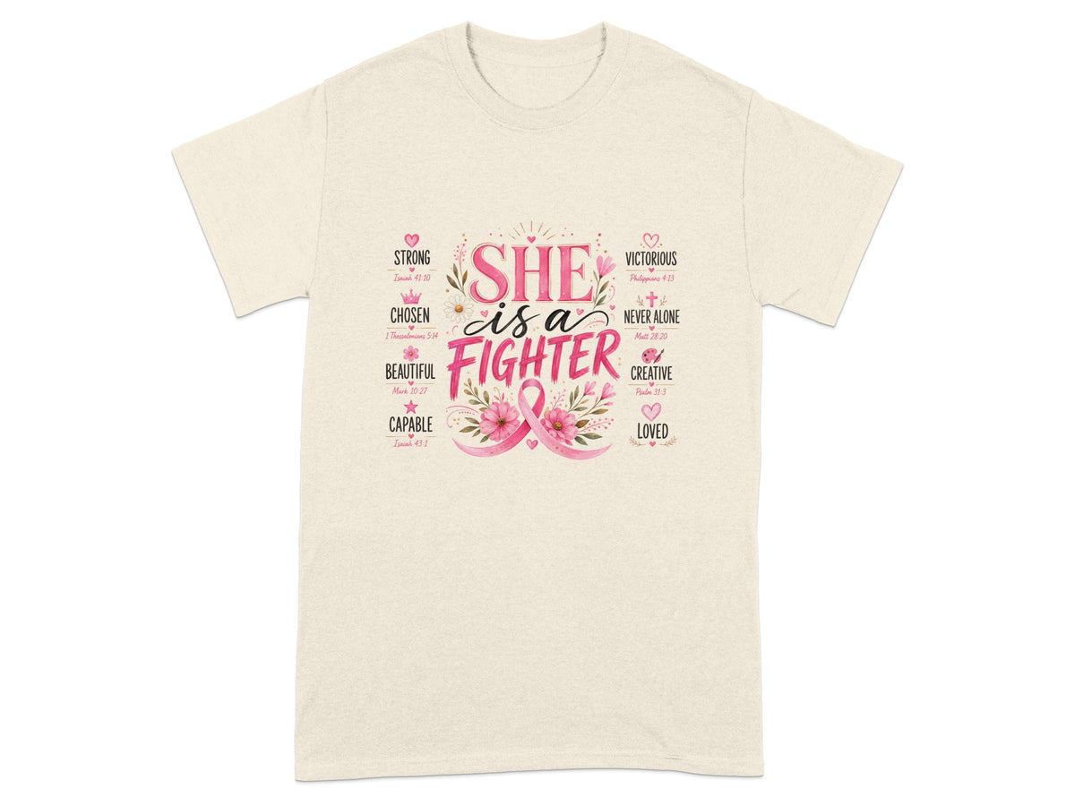 Cream t-shirt with "SHE is a FIGHTER" text and pink ribbon graphic.