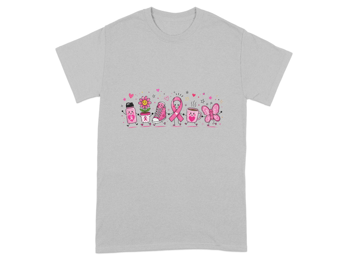 Pink ribbon, flower, sneaker, cup, and butterfly characters march together on a grey t-shirt.