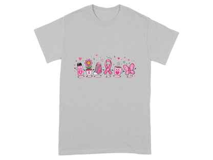 Pink ribbon, flower, sneaker, cup, and butterfly characters march together on a grey t-shirt.