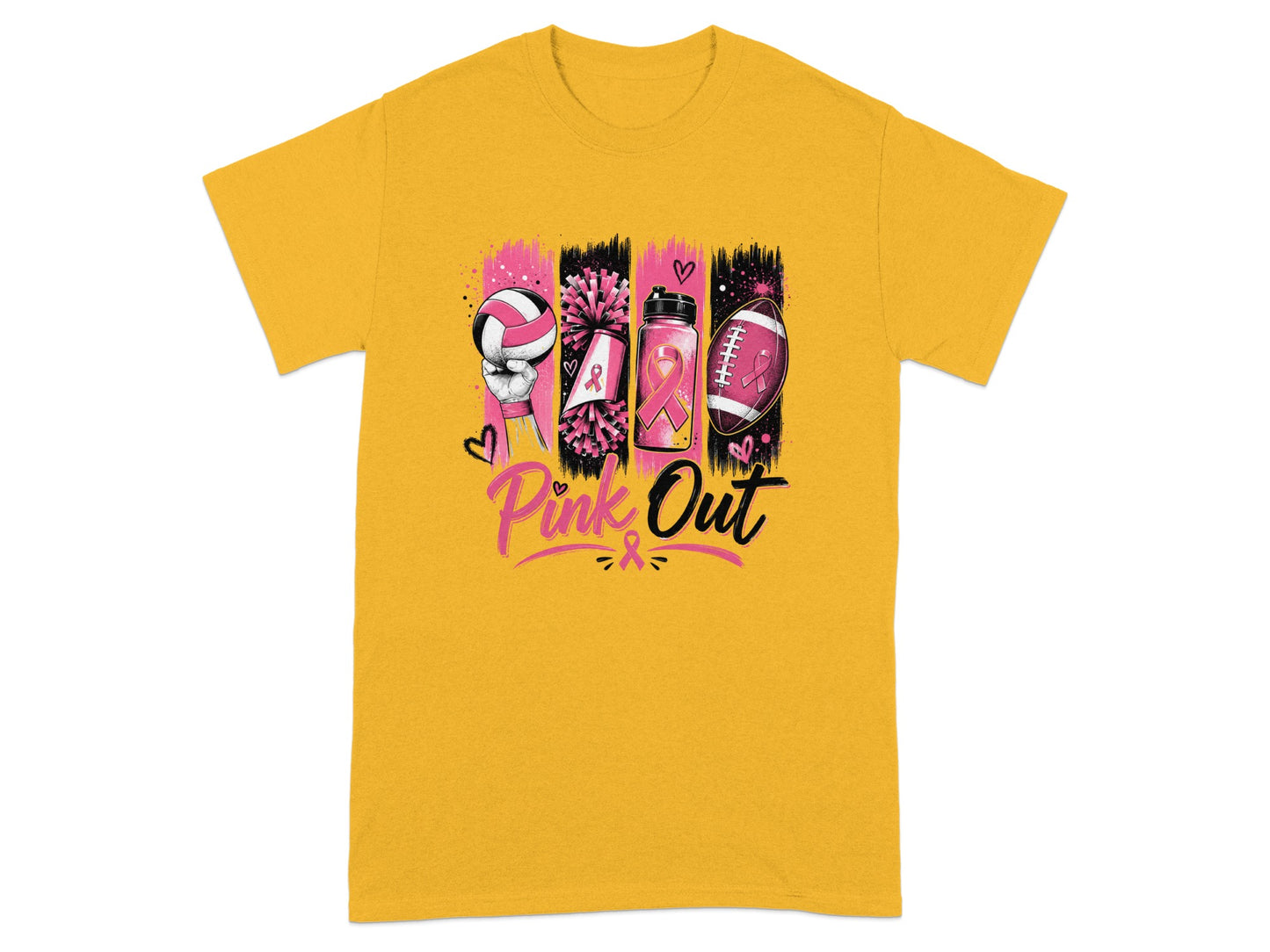 Yellow t-shirt with pink and black graphic of sports items and "Pink Out" text.