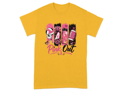 Yellow t-shirt with pink and black graphic of sports items and "Pink Out" text.