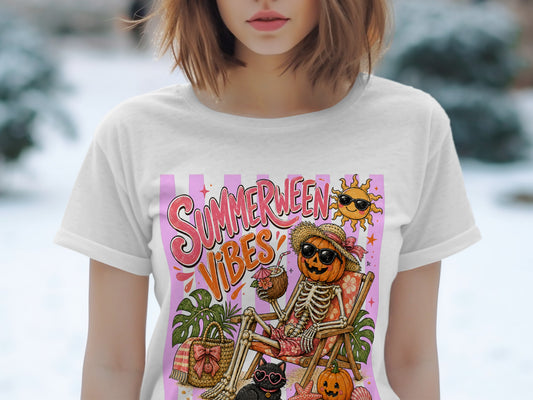 Skeleton pumpkin with sunglasses and hat relaxing on a beach chair, "Summerween Vibes" text.