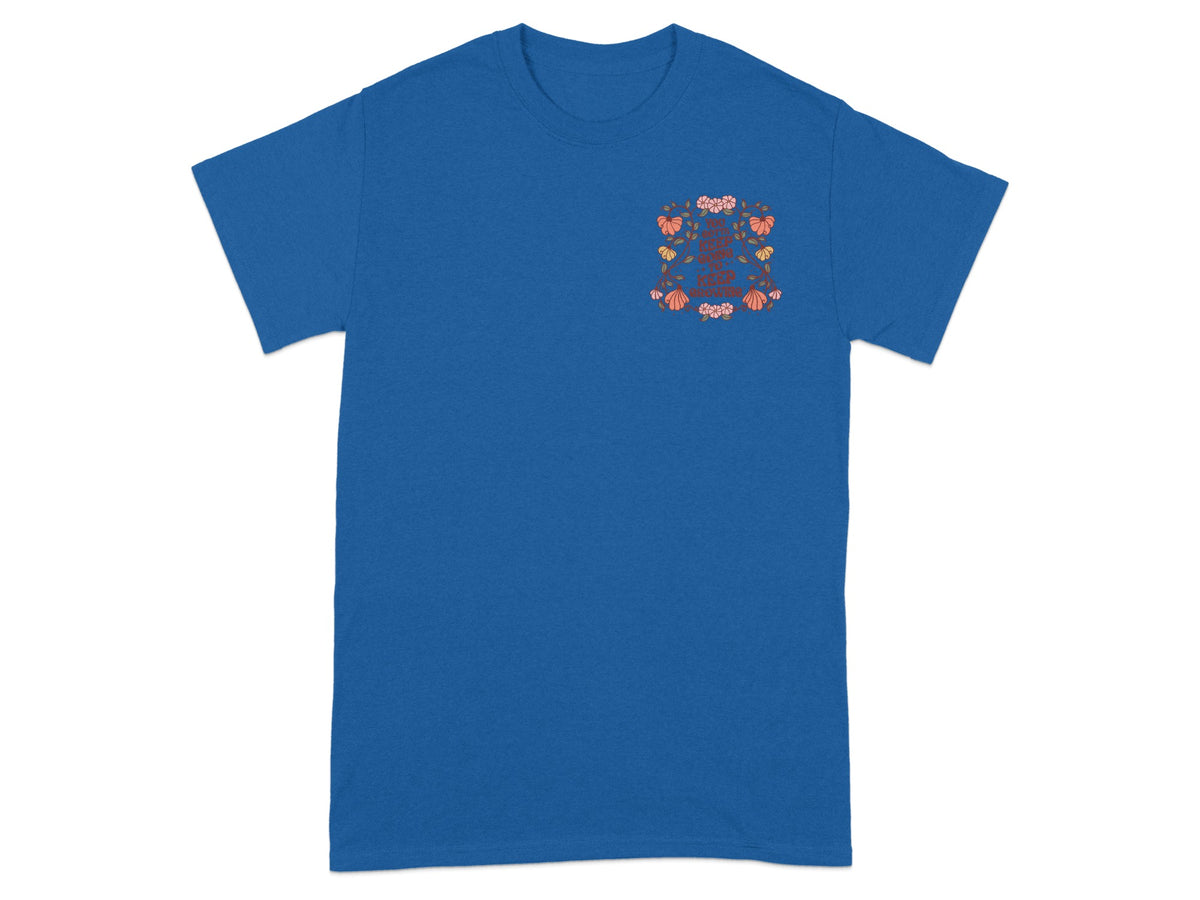 Blue t-shirt with floral design and text "You've got this."
