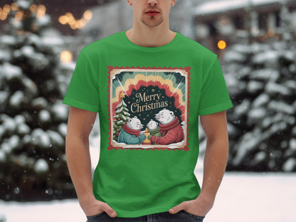 Green t-shirt with a festive polar bear family enjoying Christmas and "Merry Christmas" text.